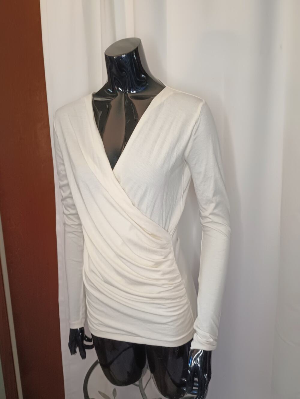 Ralph Lauren Sport Womens Quiet Luxury Faux Wrap Top S Ivory Pima Cotton Lyocell